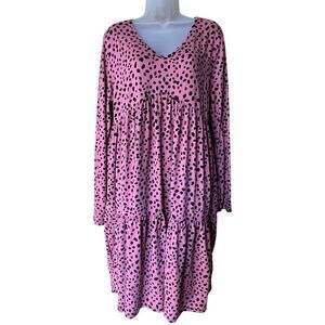 Cream n Sugar Pink Spotted Babydoll Tiered Long Sleeve Dress Sz XL Animal Print